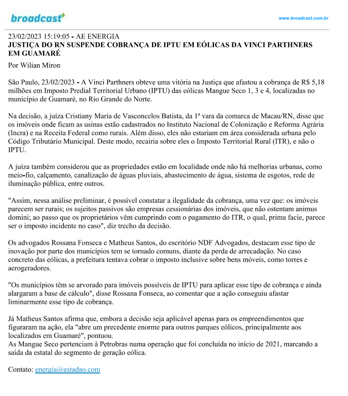 Justiça do RN suspende cobrança de IPTU em eólicas da Vinci Parthners em Guamaré
